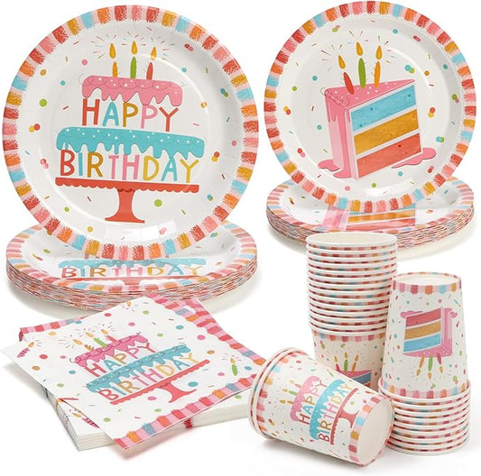 100pcs Birthday Party Plates Disposable Tableware Set Birthday Cake Pattern for 25 Guests Kid's Party Table Supplies（Include Plates, Cups and Napkins）