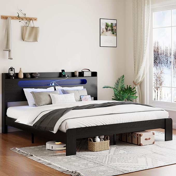 Wooden Queen Size Bed Frame with Storage Headboard, Farmhouse Platform Bedframe with Charging Station & Led Lights, Sturdy Wood Slat Framework, Easy Assembly (Rustic Black)
