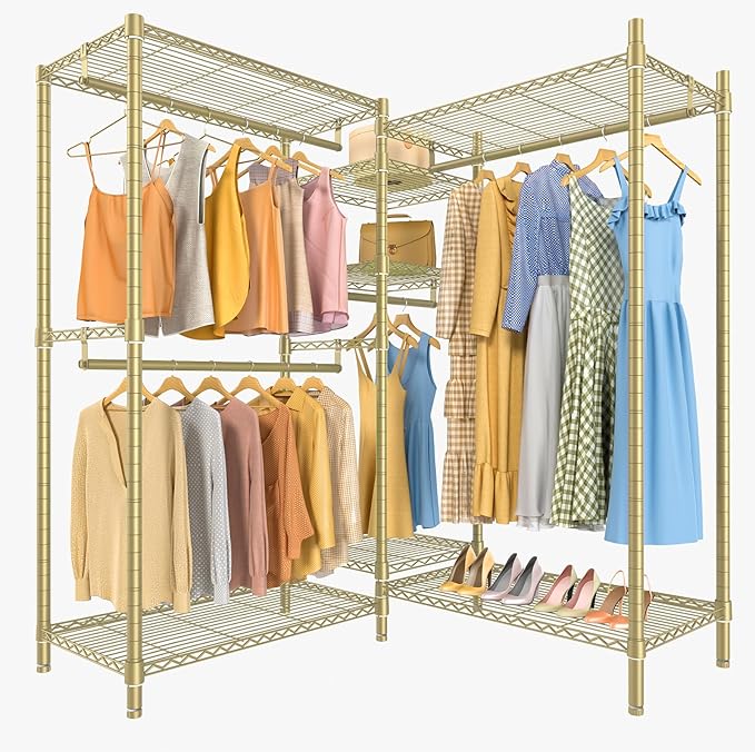 VIPEK L6 L Shaped Clothes Rack Heavy Duty Clothing Rack for Corner, 5-Tier Wire Garment Racks Metal Freestanding Closet with Adjustable Shelves, 42.1" L x 42.1" W x 76.4" H, Max Load 840LBS, Gold