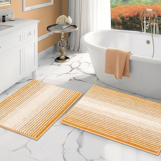 Bathroom Rugs and Mats Sets, 2 Piece Thick Absorbent Chenille Bath Mat Rug Set Non Slip, Soft Shaggy Bath Room Floor Mats for Bathroom, Machine Washable (Buff Orange, 20" x 32" Plus 16" x 24")