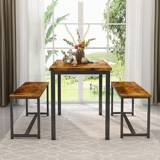 AWQM Dining Room Table Set, Kitchen Table Set with 2 Benches, Ideal for Home, Kitchen and Dining Room, Breakfast Table of 43.3x23.6x28.5 inches, Benches of 38.5x11.8x17.5 inches, Rustic Brown