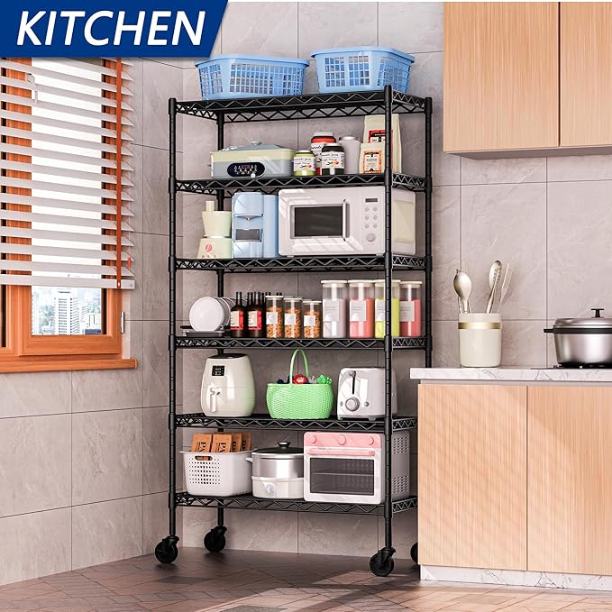 6-Shelf Adjustable Heavy Duty Storage Shelving Unit, Metal Organizer Wire Rack for Laundry Bathroom Kitchen Pantry Closet with Wheels, Black