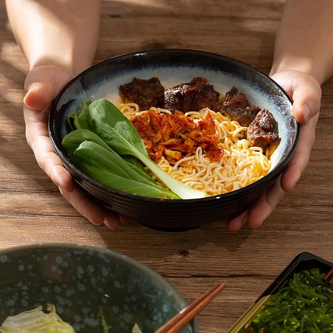 8 Inch Ceramic Ramen Bowl Set of 2, 40oz Japanese Bowls with Spoons & Chopsticks,Durable,Microwave & Dishwasher Safe,Perfect for Ramen,Pho,Salad,Soup,Noodles，Mixing bowls（Midnight）