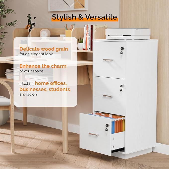 VINGLI 3 Drawer File Cabinet with Lock, Home Office Filing Organizer, for Letter Size File Folder Storage, Wood Tall Vertical Filing Cabinet, Printer Stand, Archivador (White)
