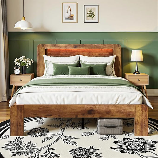 King Bed Frame with Headboard, Wooden Platform Bed Frame King Size with Bookcase Shelf, LED Lights, Charging Station, Heavy Duty Supports, No Box Spring Needed,Dark Brown