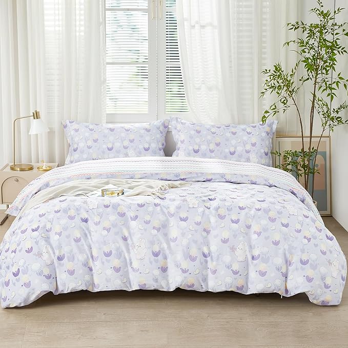 SAPHREAS Cute Rabbit Printed Duvet Cover Set Full Lovely Bunny Duvet Cover 3pcs Yellow Tulip Purple Dandelion Botanical Bedding Comforter Cover Set 100% Cotton 1 Duvet Cover 80"x90" 2 Pillow Shams