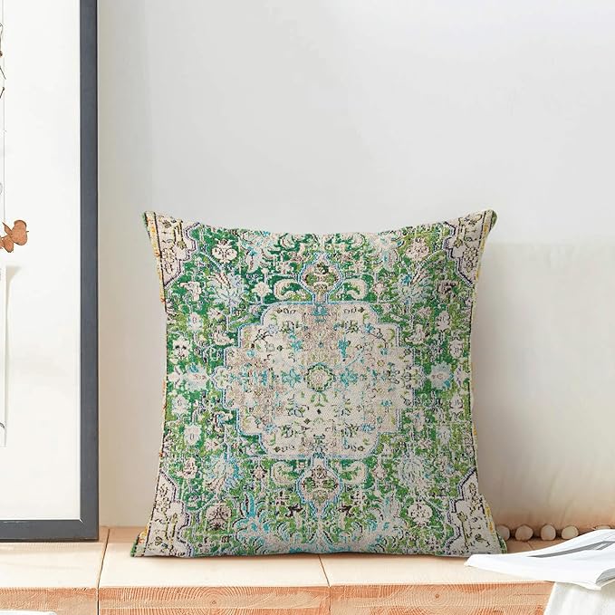 Boho Pillow Covers 18x18 Set of 2, Carpet Pattern Green Decorative Throw Pillows Farmhouse Bohemian Cushion Pillow Covers for Sofa Couch Outdoor Decor