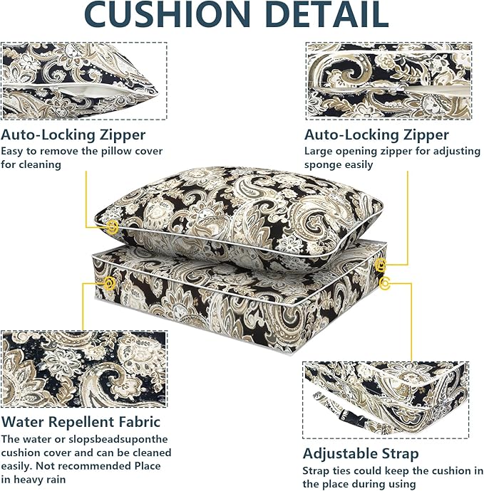 Outdoor Deep Seat Cushions Set 24 x 24 Inch for Patio Furniture,Water Resistant Chair Cushions Replacement Includes Seat Cushion & Back Pillow for Couch Sofa, Wicker Chair - Paisley Black