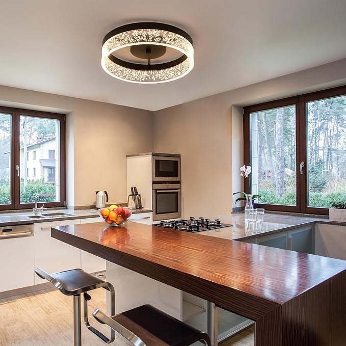 Jaycomey Modern LED Ceiling Light Fixture, 11.65" Black Flush Mount Kitchen Lighting with Clear Seeded Acrylic Lampshade,Round Ceiling Lamp Lights for Dining Room Foyer Hallway