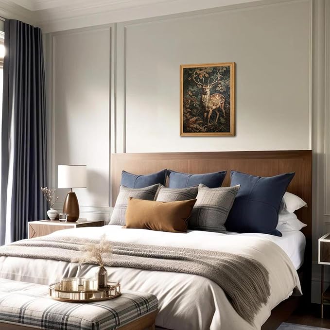 Framed 3D Textured Vintage Wall Art - Dark Academia Decor Sika Deer Hand Drawn Sandstone Paintings with Botanical Florals, Aesthetic Wall Decor for Living Room Bedroom Home 8x10 inch