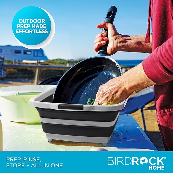 BIRDROCK HOME Collapsible XL BBQ Prep Tub w/Cutting Board, Multi-Function Grill Caddy w/Colander & Lid, Portable Silicone Dish Bowl for Picnic, Tailgate, Camping - Black