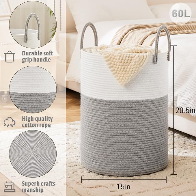 Laundry Basket,Woven Cotton Rope Laundry Hamper,60L for Decorative Storage of Dirty Clothes,Toys and Blankets in Bathroom,Baby Room and Living Room