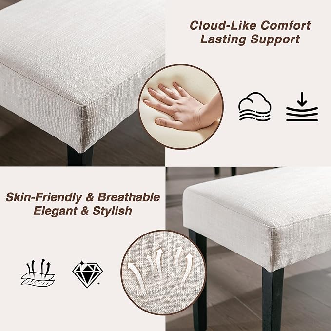 Farmhouse Upholstered Dining Bench Seat Set of 2, 45" Linen Fabric Entryway Bench with Black Wood Legs, Mid Century Modern End of Bed Bench for Kitchen Bedroom Living Room Hallway, Beige