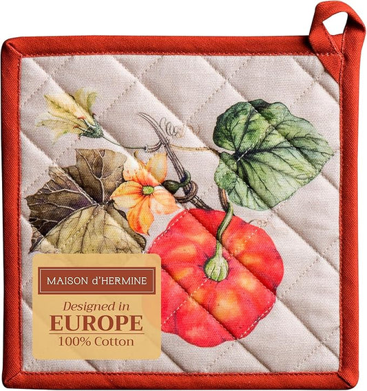 Maison d' Hermine Pot Holders 100% Cotton Heat Resistant Potholders 8" x 8" Hot Pads with Loop for Thanksgiving Christmas Decorations BBQ Cooking Baking Handling Hot Pans (Pack of 1, Potiron)