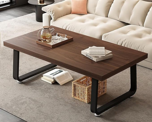 HSH Rustic Walnut Coffee Table, Modern Center Table, Rectangle Industrial Living Room Coffee Table, Simple Farmhouse Wood and Metal Tea Table for Home Bedroom Office, Walnut, 47 in