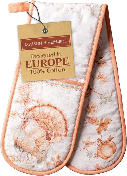 Maison d' Hermine Double Oven Mitt (7" x 35") 100% Cotton Heat Resistant BBQ Cooking Gloves with Loop for Thanksgiving Christmas Decorations Baking Cooking Barbeque Handling Hot Pan (Giving Thanks)