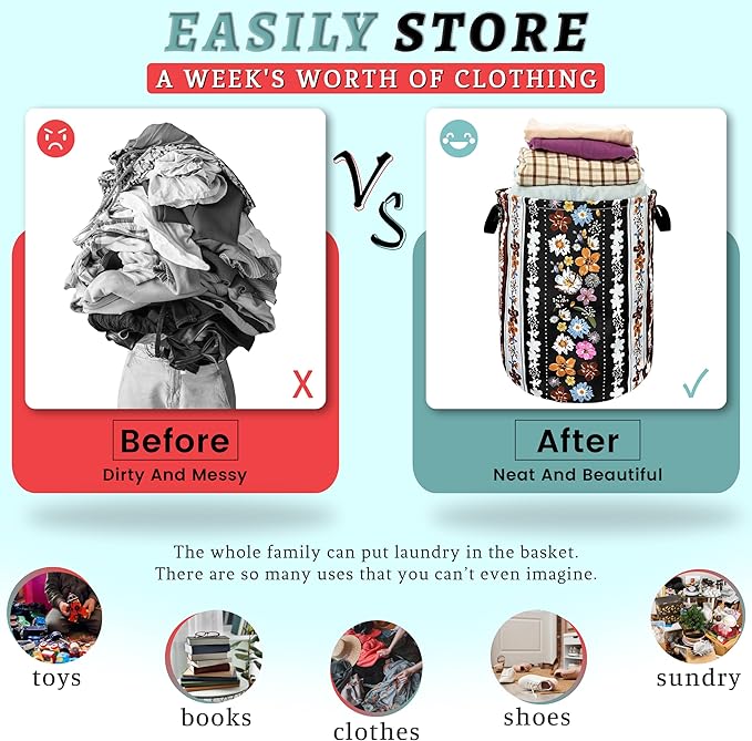 Boho Flowers Laundry Basket Foldable With Handles Universal Tote Bag Oxford Cloth Colorful Laundry Hamper 18.9" x 16.5" Clothes Storage Bucket Toy Organizer For Bathroom/Laundry/Bedroom