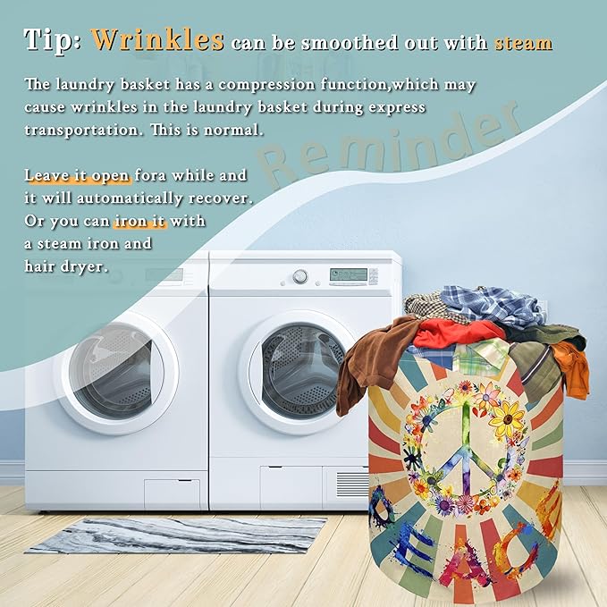 Retro Colorful Hippie Peace Laundry Basket Foldable With Handles Tote Bag Oxford Cloth Funny Laundry Hamper 18.9" x 16.5" Clothes Storage Bucket Toy Organizer For Bathroom/Laundry/Bedroom