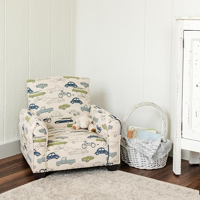 Kid Rocking Chair for Toddlers, Child Chair for Little Kids, Upholstered Toddler Armchair for Children, Comfy and Cute Little Kid Chairs (Legs, Cars & Trucks Print)