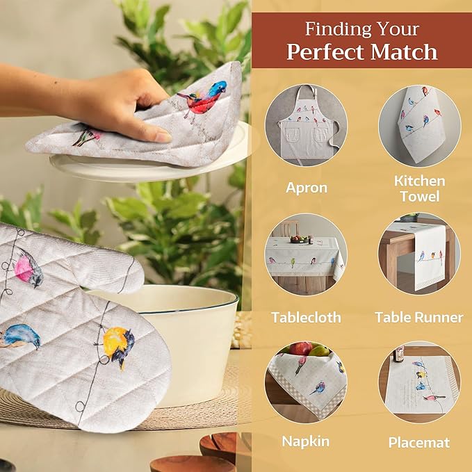 Maison d' Hermine 100% Cotton Oven Mitt & Pot Holder Set (7.5"x13" & 8"x8") Heat Resistant BBQ Cooking Gloves with Loop, Baking, Grilling, Kitchen, Handling Hot Pans Spring/Summer (Birdies On Wire)
