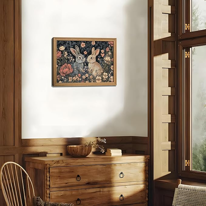 AKWISH Framed 3D Textured Vintage Wall Art - Dark Academia Easter Bunny Decor Hand Drawn Sandstone Paintings with Botanical Florals, Aesthetic Wall Decor for Living Room Bedroom Home 12x16 inch