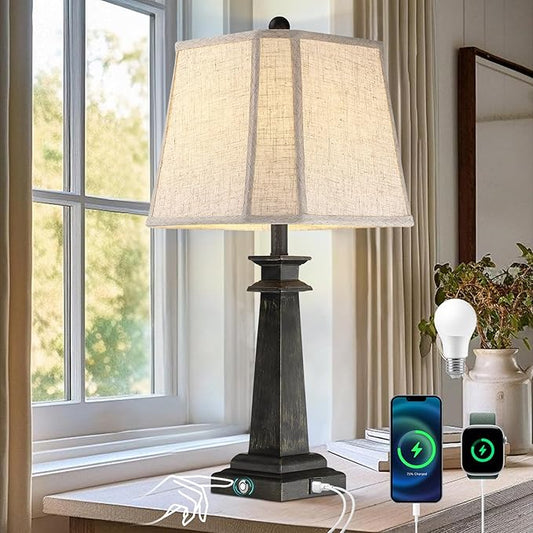 27.5" Table Lamp for Bedroom, 3-Way Dimmable Touch Lamp for Nightstand, Farmhouse Table Lamp for Living Room with USB A+C Charging Ports, Bulb Included (Black)