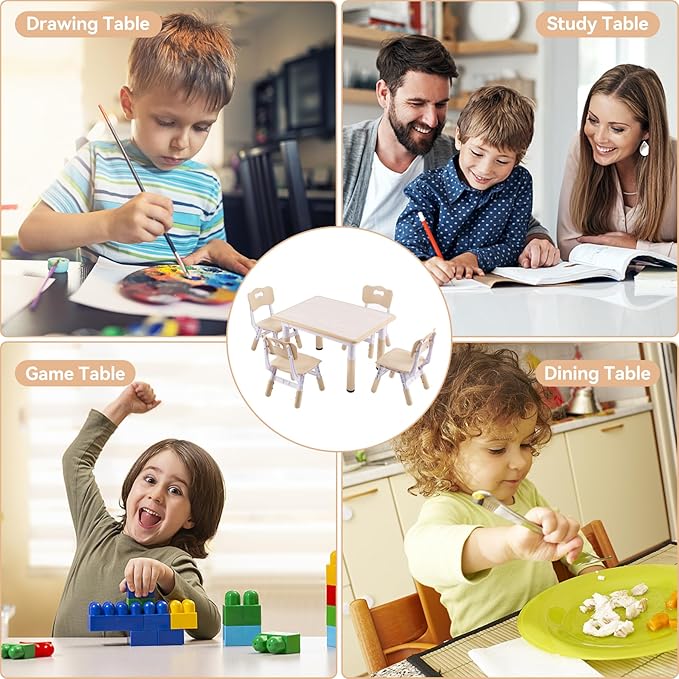 Height-Adjustable Kids Table and 4 Chairs Set, Toddler Table and Chair Set with Graffiti Desktop, 31.5''L x 23.6''W Children Activity Table for Daycare, Classroom, Home