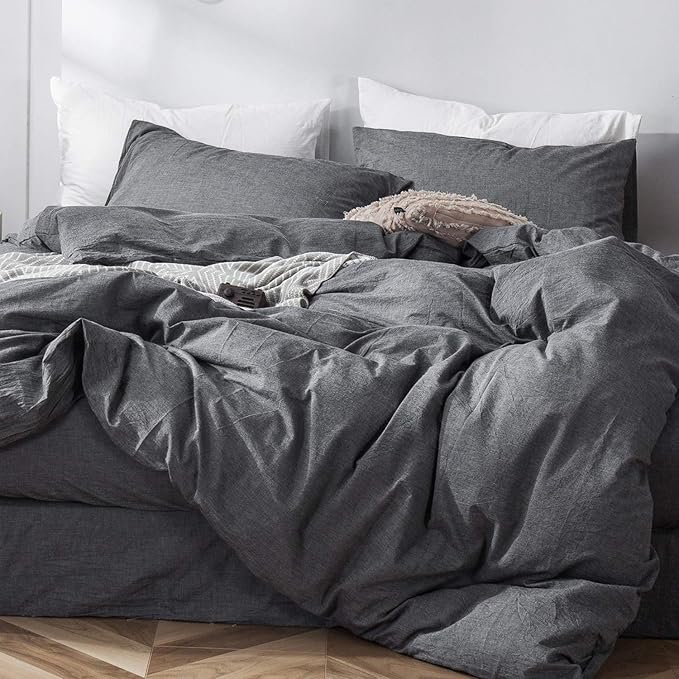 MooMee Bedding Duvet Cover Set 100% Washed Cotton Linen Like Textured Breathable Durable Soft Comfy (Heathered Dark Grey, King 104"x90")