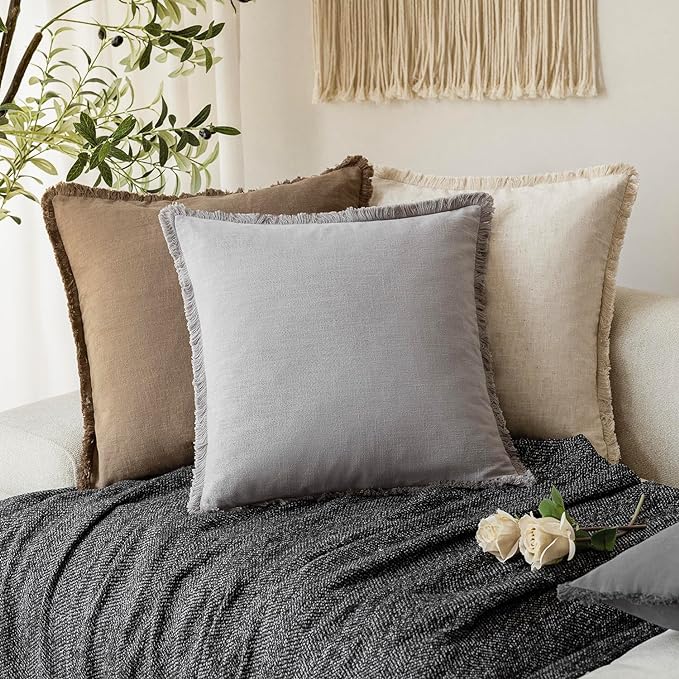 Foindtower Set of 2 Decorative Linen Fringe Throw Pillow Covers Cozy Farmhouse Cushion Cover with Tassels Accent Pillowcase for Couch Chair Sofa Bed Living Room Home Decor,22×22 Inch,Light Rustic Gray