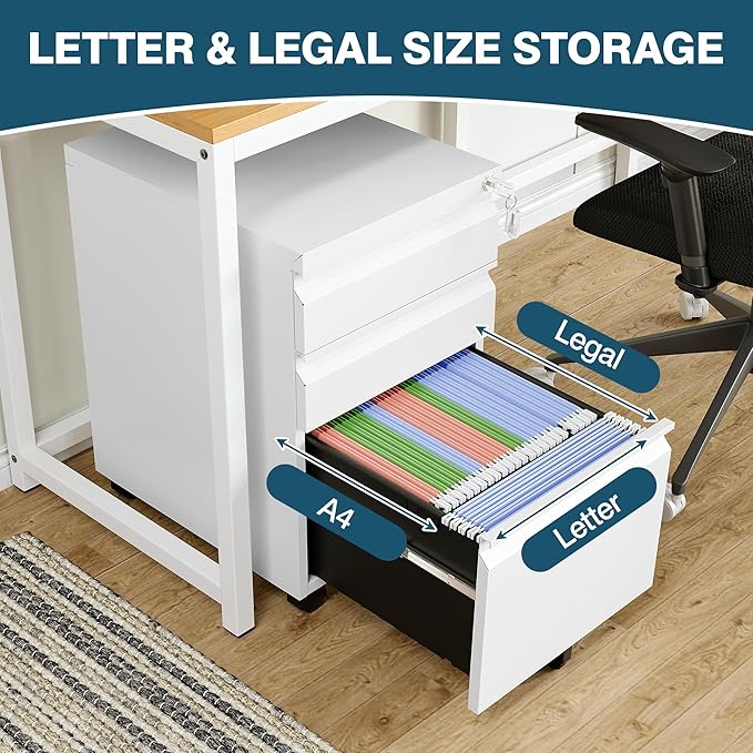 MIIIKO 3 Drawer File Cabinet on Wheels, Home Office Mobile File Drawers Under Desk, Full Assembled White Filing Cabinets with Lock for Legal/Letter/A4 File Folders