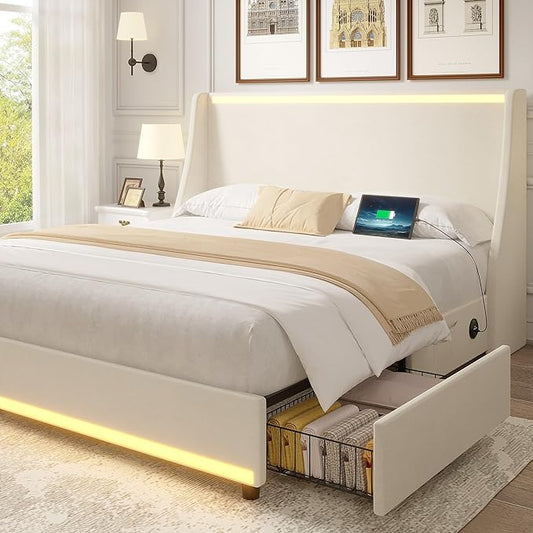 VECELO Full Size Bed Frame with Storage Drawers, Upholstered Platform Bedframe with Wingback Headboard, No Box Spring Needed, Beige