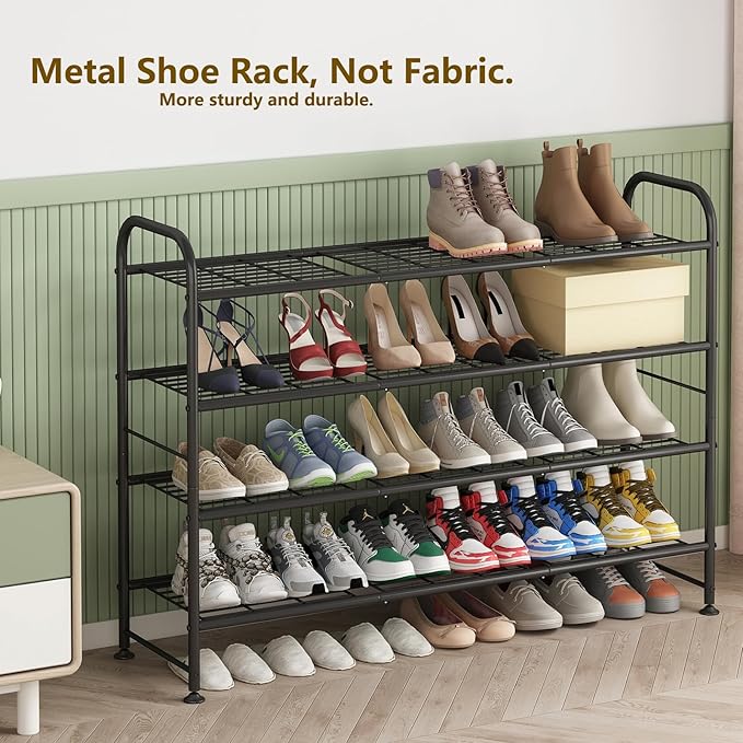 LINZINAR Shoe Rack Long 4 Tier Shoe Storage Organizer Metal Wide Shoe Shelf for Closet Entryway Bedroom 24 Paris Large Capacity, Gold Black
