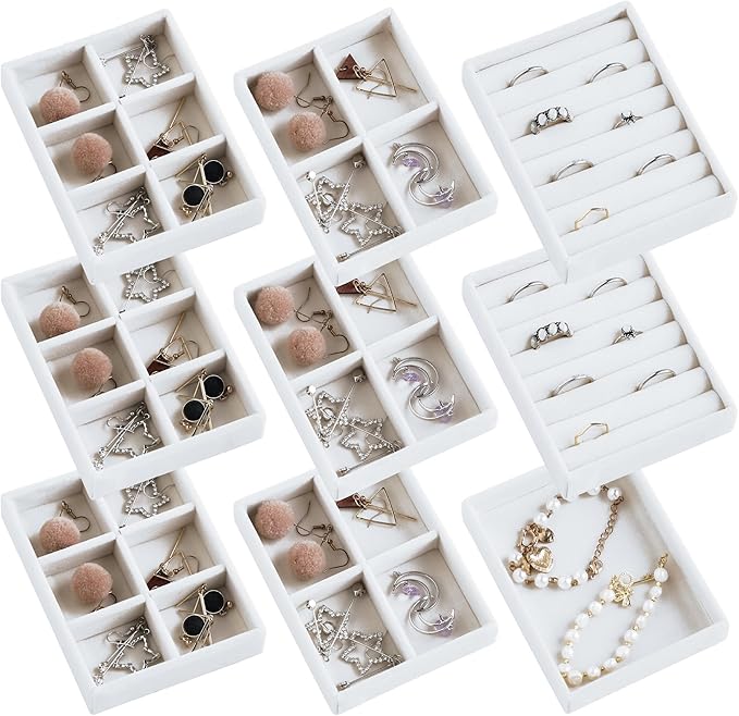 Frebeauty Small Jewelry Tray Set,Stackable Velvet Jewelry Organizer Tray,Mini Jewelry Drawer Organizer,Drawer Inserts,4.92 x 3.74 x 0.9 Inches,Earring Organizer for Women(Set 9,White)