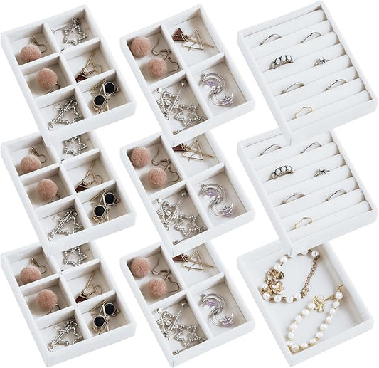 Frebeauty Small Jewelry Tray Set,Stackable Velvet Jewelry Organizer Tray,Mini Jewelry Drawer Organizer,Drawer Inserts,4.92 x 3.74 x 0.9 Inches,Earring Organizer for Women(Set 9,White)