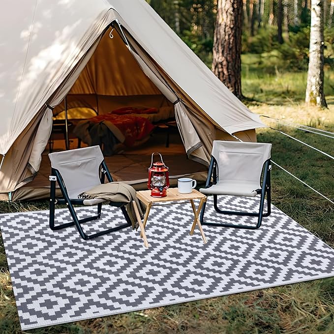 OLANLY Waterproof Outdoor Rug 4x6 ft, Outdoor Plastic Straw Rug for Camping, RV Mat Outside, Outdoor Carpet for Porch, Deck, Backyard, Balcony, Picnic, Grey & White