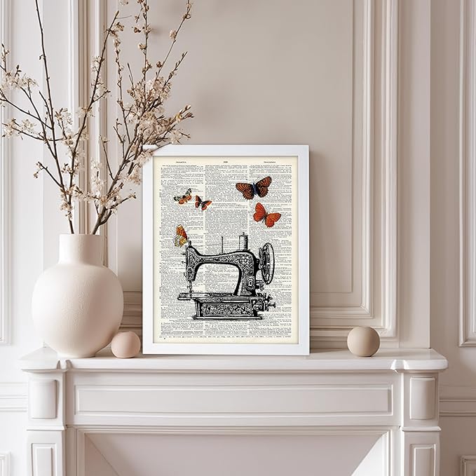 Poster Master Dictionary Art Poster - Sewing Machine Print - Sewing Art - Butterfly Art - Gift for Men, Women & Dressmaker - Chic Decor for Living Room, Bedroom or Office, 8x10 White Framed