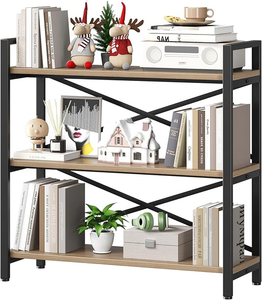 Homeiju 3 Tier Bookshelf 31.49" Width, Wood and Metal Etagere Bookcase, Vintage Farmhouse Modern Wooden Big Book Shelf for Home Living Room Bedroom Office Storage(Light Coffee)