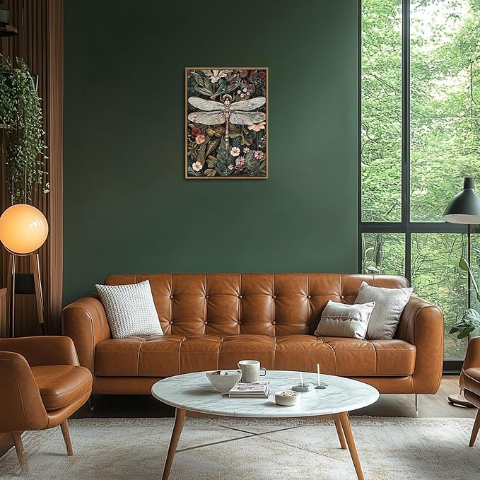 Djmwtb Vintage Framed Wall Art Dragonfly Canvas Wall Art Prints Green Botanical Painting Boho Nature Flower Pictures Artwork for Living Room Bedroom Bathroom Office 12x16in