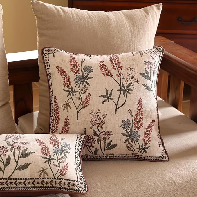 Design Linen Vintage Throw Pillow Covers 18"x18" Pack of 2, Square Cushion Covers with Blue Pink Flowers Green Leaves Pattern Decoration Pillowcases for Bed,Living Room,Outdoor,Car