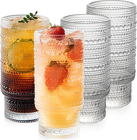 4 Pack Vintage Glassware Drinking Glasses Set, 16 oz Hobnail Glassware, Embossed Clear Water Tumbler, Cocktail Glass Cups for Kitchen and Bar, Perfect for Juice, Iced Coffee, Whiskey, Beer