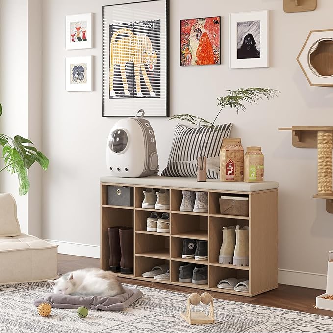 DINZI LVJ Shoe Storage Bench with Cushion, 16-Cubby Shoe Rack, Adjustable Shelves, 40.9" Long Shoe Organizer Bench for Entryway, Mudroom, Hallway, Garage, Natural and Cappuccino Beige