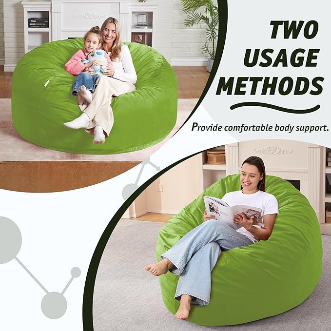 5FT Bean Bag Chair with Ultra Soft Velvet Cover Bean Bag Sofa with Memory Foam Bean Bag Chairs with Large Size Lazy Sofa for Dorm Office Living Room Bedroom Grass Green 5'