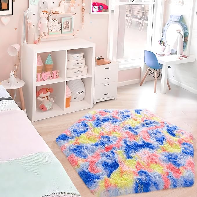 junovo Ultra Soft Hexagon Rug Fluffy Rainbow Nursery Rug for Princess Tent Kids Play Castle, Furry Hexagonal Carpet for Kids Girls Room Playhouse Classroom Dorm Home Decor, 4.6ft Tie-Dye Orange-Red