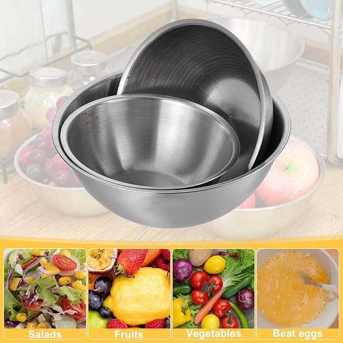 Stainless Steel Mixing Bowls 3 Packs Nesting Baking Supplies Small Thicker Stainless Steel Flat Bottom Stackable Salad Bowl Mixing Bowls Set for Cooking, Baking, Salad,Serving(1000/1500/2000ml)