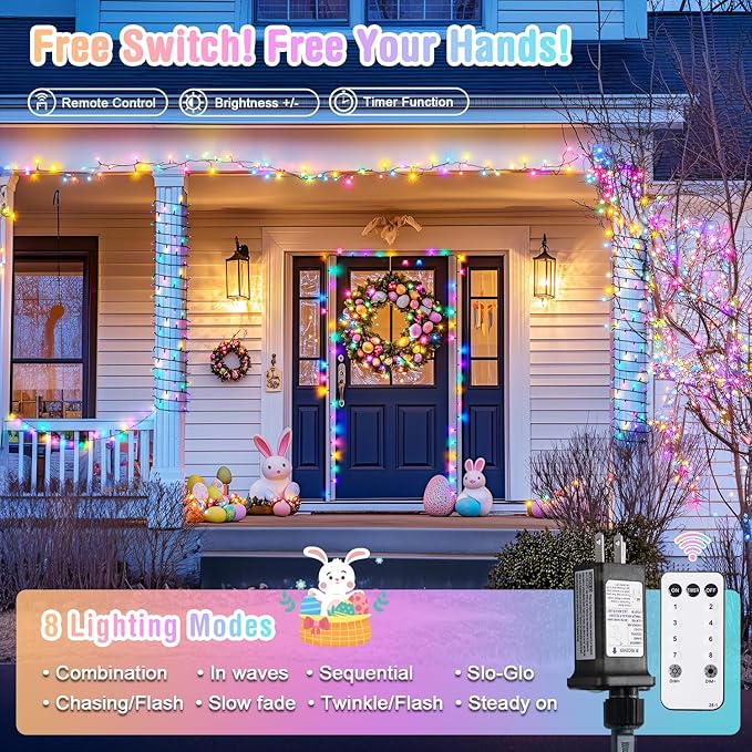 JMEXSUSS 400 LED Easter Lights Plug in, 132ft Multicolor Easter Lights String with Remote, Colorful String Lights for Bedroom Tree Room Party Easter Decorations