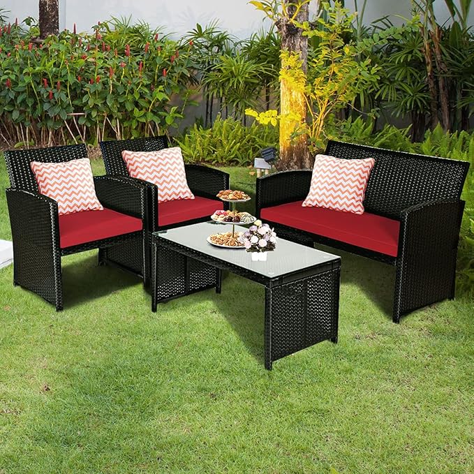Tangkula Patio Wicker Conversation Furniture Set, Patiojoy Sofa & Table Set w/4 Seats, Outdoor Rattan Sofa Set for Balcony Backyard, Wicker Chair Set with Tempered Glass Coffee Table (2, Red)