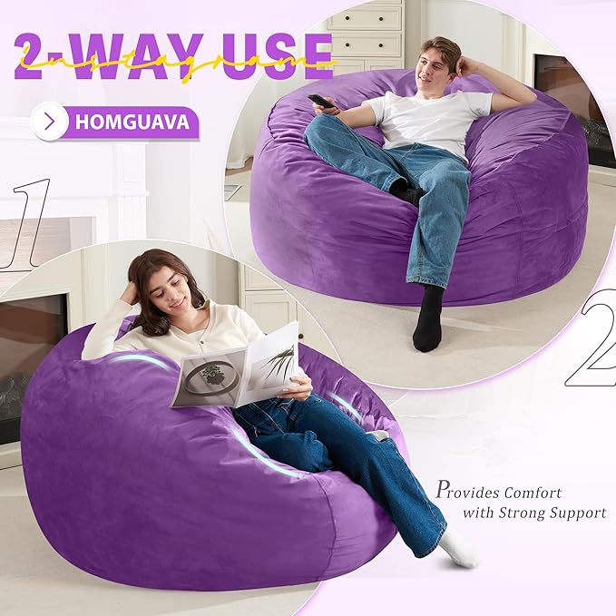 Homguava 4 FT Bean Bag Chair: 4' Bean Bags with Memory Foam Filled, Large Beanbag Chairs Soft Sofa with Dutch Velvet Cover-Purple