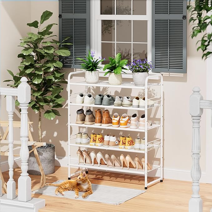 SUFAUY 33" Wide Shoe Rack, 5-Tier Shoe Storage Rack for 24-30 Pairs of Shoes, Mesh Shoe Organizer for Entryway Closet, Steel Frame, Industrial, White
