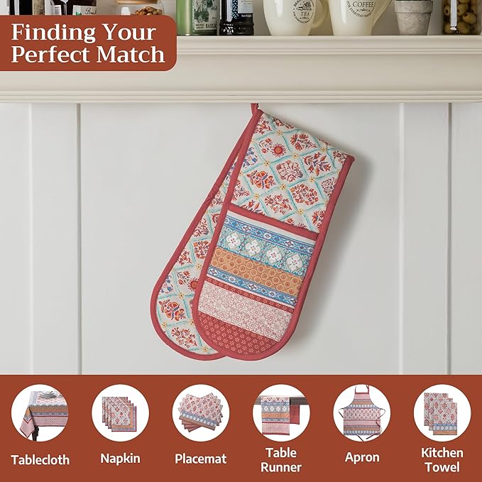 Maison d' Hermine Double Oven Mitt (7" x 35") 100% Cotton Heat Resistant BBQ Cooking Gloves with Loop for Thanksgiving Christmas Decorations Baking Cooking Barbeque Handling Hot Pan (Romane)