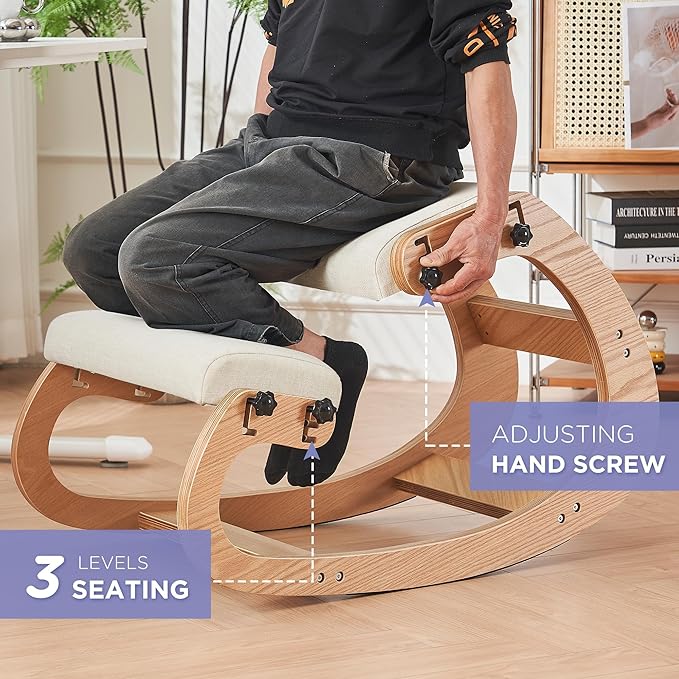 Ergonomic Kneeling Chair,Adjustable Rocking Knee Chair for Home Office,Wooden Office Chair for Back Pain Relief, Beige